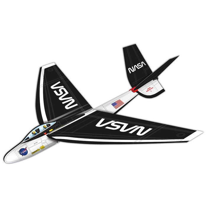 FlexWing NASA Glider soaring through the air against a clear blue sky, showcasing its colorful design and lightweight structure.