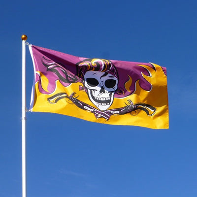 Flintlock Pirette grommet flag with a detailed design of a fierce female pirate displayed outdoors, showcasing vibrant colors and sturdy grommets.