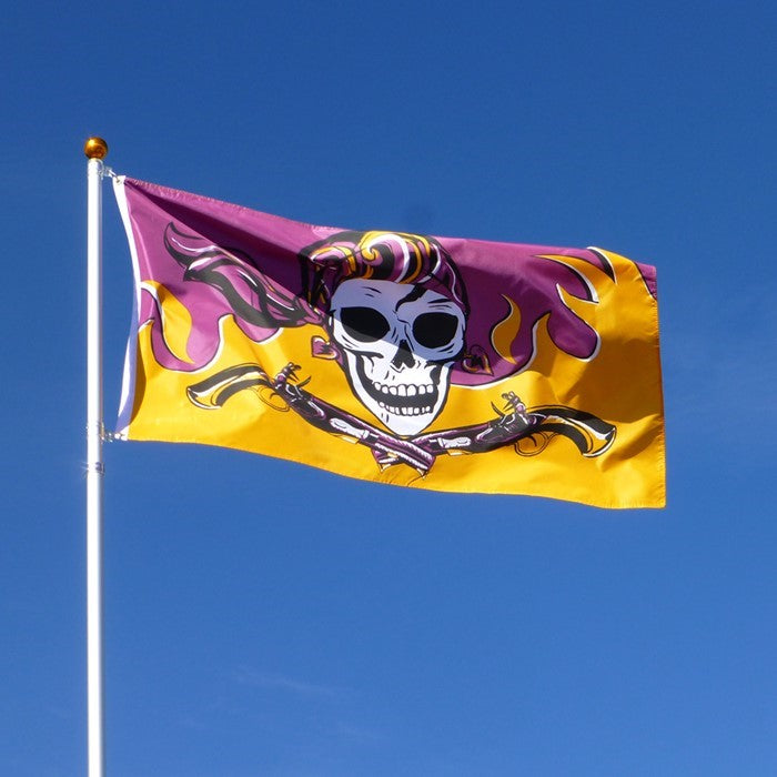 Flintlock Pirette grommet flag with a detailed design of a fierce female pirate displayed outdoors, showcasing vibrant colors and sturdy grommets.