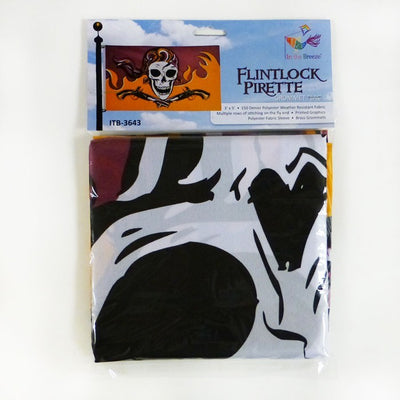 Flintlock Pirette grommet flag with a detailed design of a fierce female pirate displayed outdoors, showcasing vibrant colors and sturdy grommets.