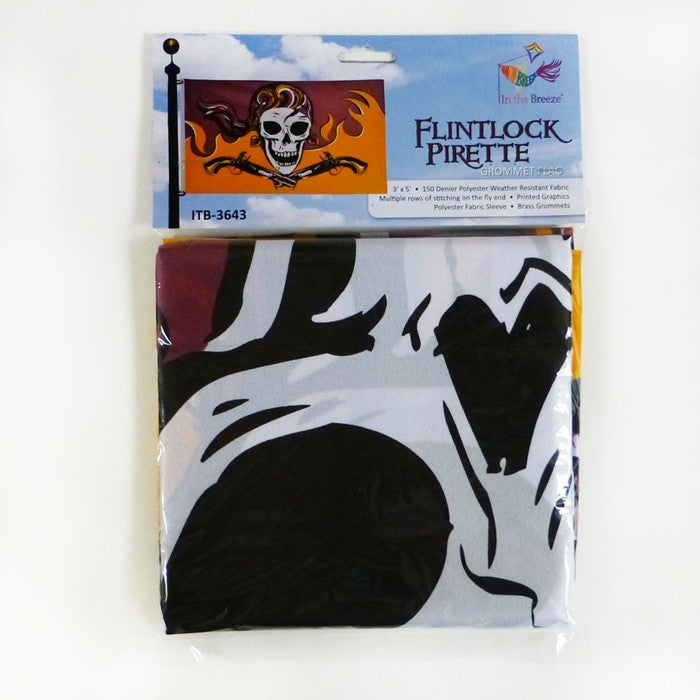 Flintlock Pirette grommet flag with a detailed design of a fierce female pirate displayed outdoors, showcasing vibrant colors and sturdy grommets.