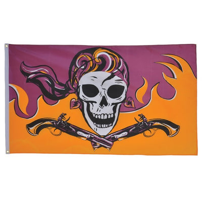 Flintlock Pirette grommet flag with a detailed design of a fierce female pirate displayed outdoors, showcasing vibrant colors and sturdy grommets.