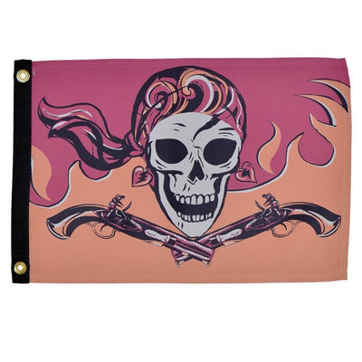 Flintlock Pirette Lustre 12x18 grommet flag displaying vibrant pirate-themed graphics, viewable from both sides, fluttering on an outdoor pole.
