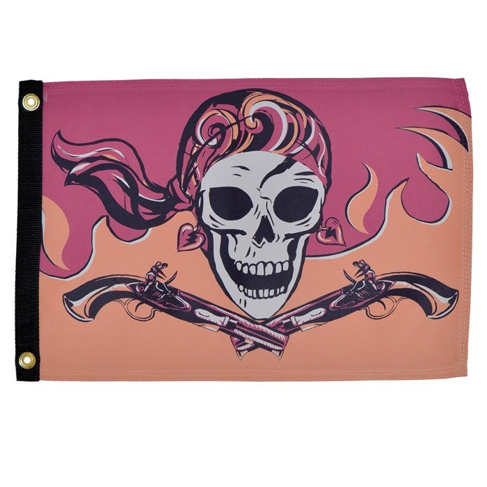 Flintlock Pirette Lustre 12x18 grommet flag displaying vibrant pirate-themed graphics, viewable from both sides, fluttering on an outdoor pole.