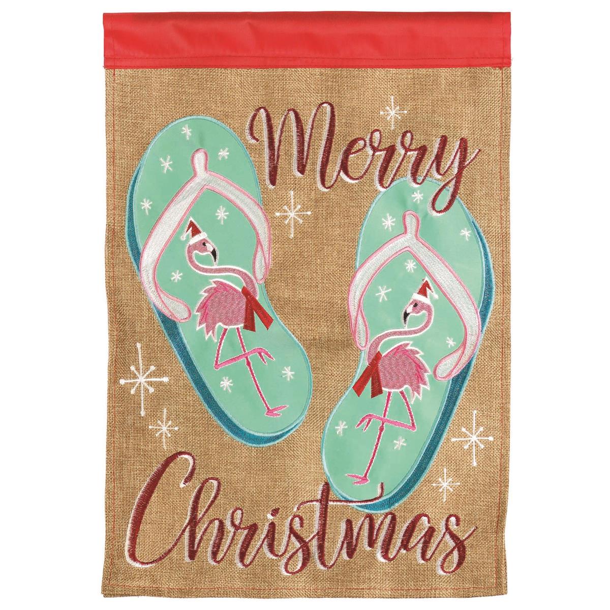 Flip Flops Merry Christmas double-sided garden flag featuring colorful designs of flip flops and flamingos displayed outdoors, showcasing its festive charm.
