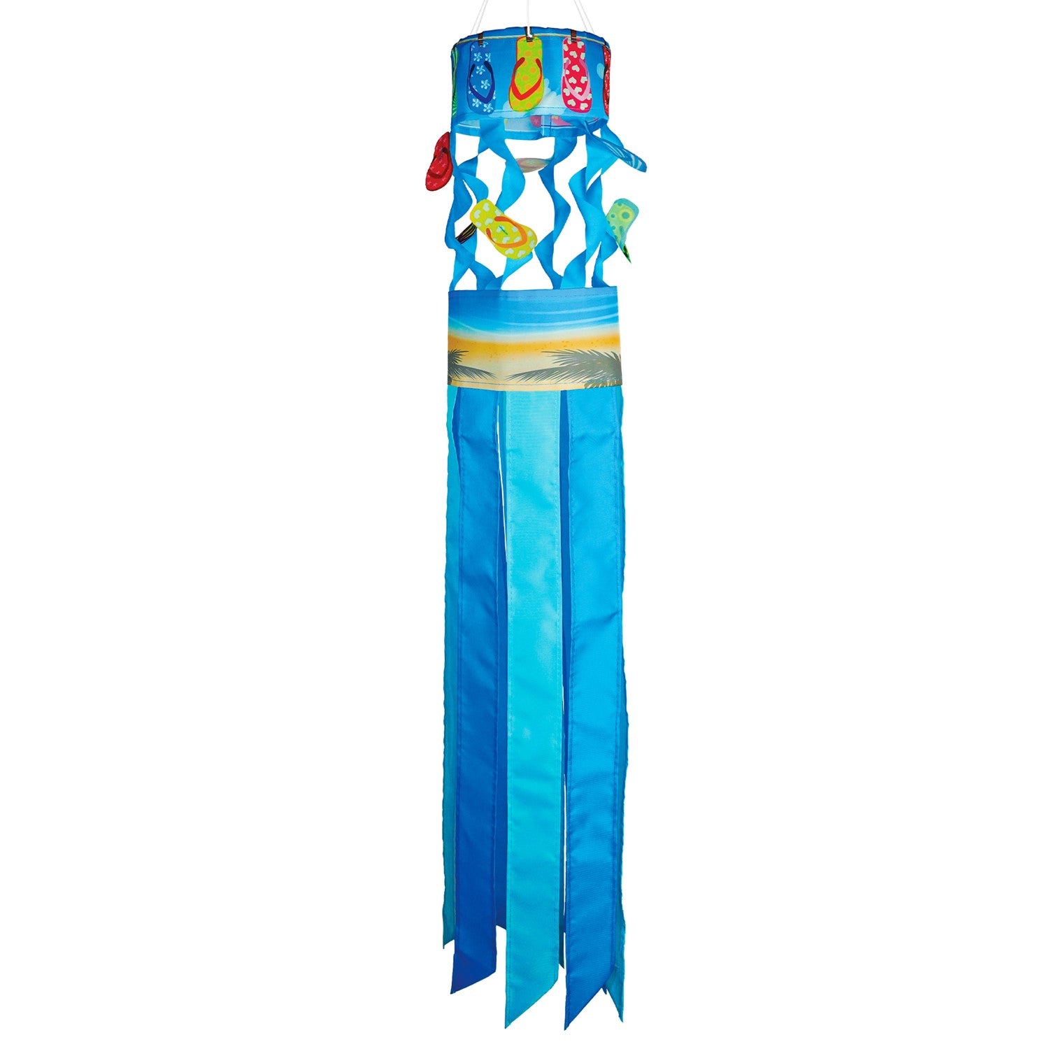 Flip Flops Twistair windsock with eight colorful tails displayed in a sunny garden, featuring whimsical curls that dance in the breeze.