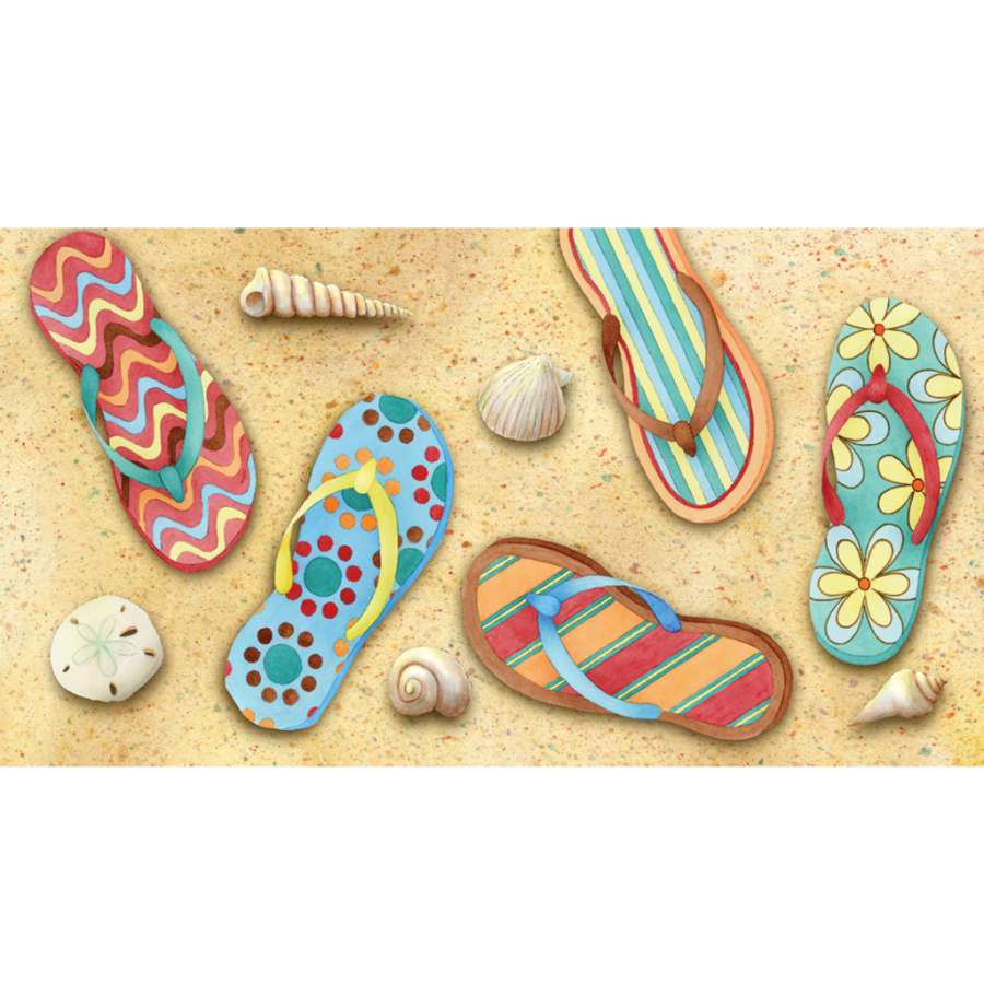 Colorful Flip Flops windsock, showcasing bright pink, blue, and yellow designs, displayed in a garden, swaying gently in the breeze.