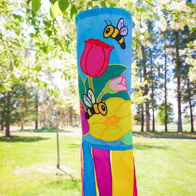 Stunning Floral Bee 40" Windsock with vibrant flower and bee design, fluttering tails, and durable fabric, ideal for enhancing any outdoor space.