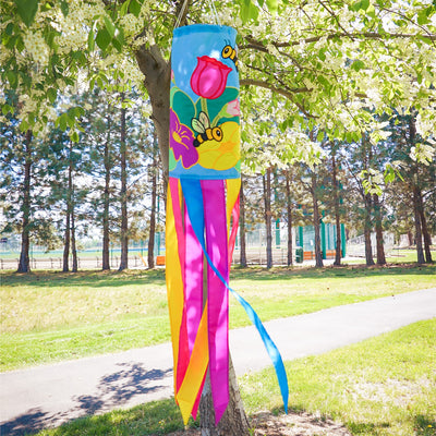 Stunning Floral Bee 40" Windsock with vibrant flower and bee design, fluttering tails, and durable fabric, ideal for enhancing any outdoor space.