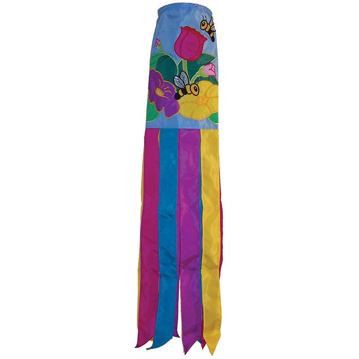 Stunning Floral Bee 40" Windsock with vibrant flower and bee design, fluttering tails, and durable fabric, ideal for enhancing any outdoor space.
