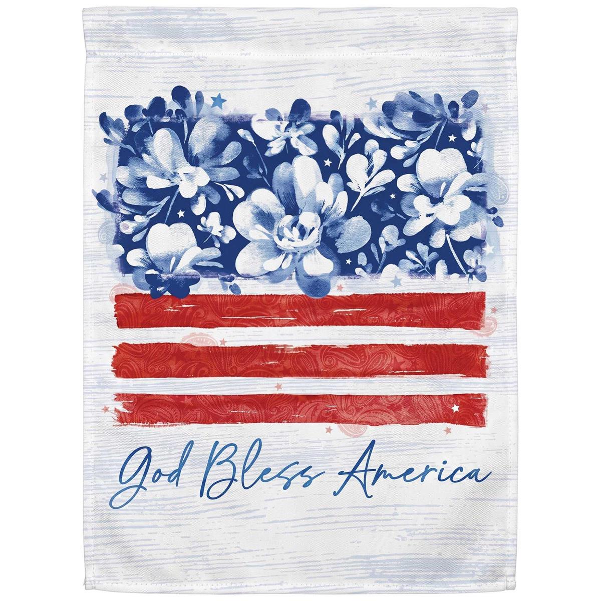 Floral God Bless America garden flag featuring vibrant floral designs on heavy-duty 650 denier polyester, displayed in a front yard.