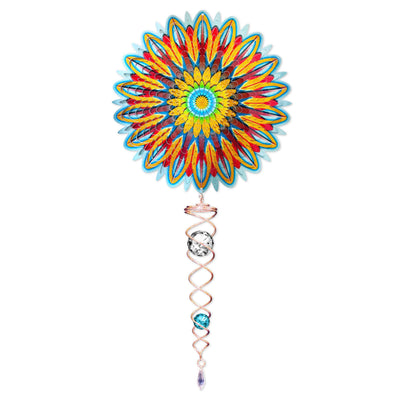 Floral Mandala Mini Set Wind Spinner featuring intricate design and a sparkling crystal twister, displayed outdoors amid greenery.