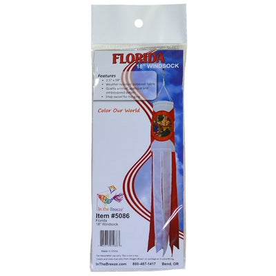 Colorful Florida 18-inch windsock with six tails fluttering in the wind, showcasing a vibrant design that represents the Sunshine State.