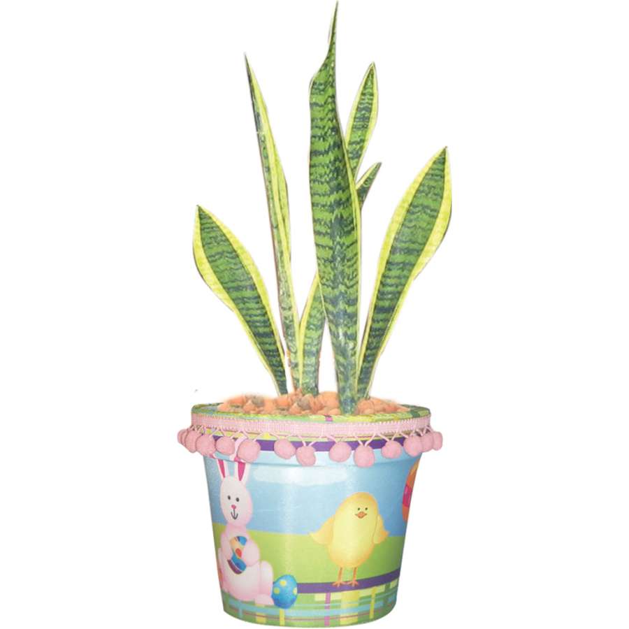 Flower Pot Cover featuring Chicks and Bunnies design displayed on a standard indoor flower pot, brightening a cozy living space.