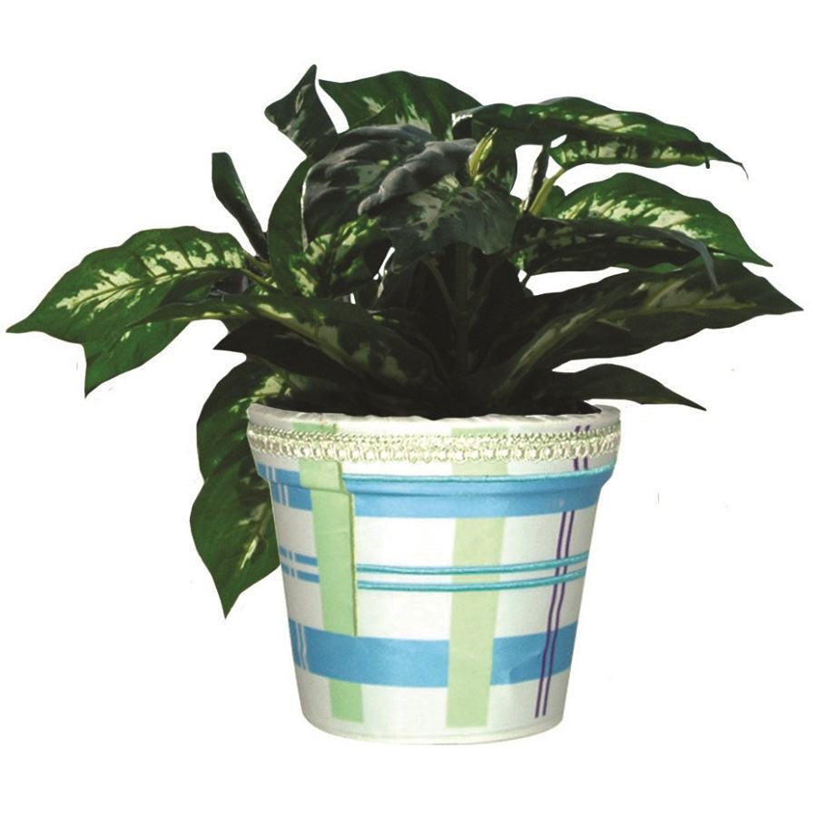 Stylish Flower Pot Cover - Cool Plaids featuring colorful plaid patterns, covering a standard indoor plastic flower pot for decorative appeal.