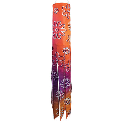 Flower Power 40-inch illusion windsock featuring vibrant flower designs and flowing tails, displayed hanging in a garden setting.