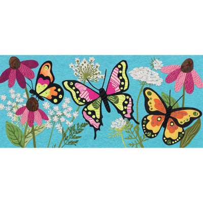 A vibrant Fluttering Butterflies windsock in traditional shape, showcasing colorful butterfly designs, gracefully fluttering in the breeze against a blue sky.