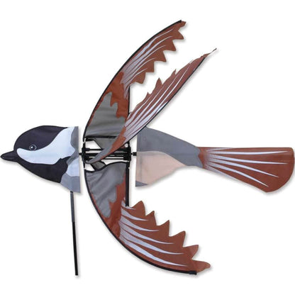 Chickadee spinner with natural color tones and detailed design spins in wind for a lifelike garden accent that honors this beloved backyard bird.