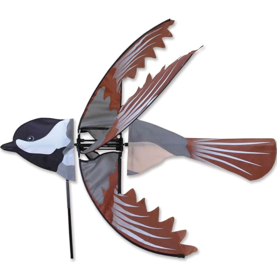 Chickadee spinner with natural color tones and detailed design spins in wind for a lifelike garden accent that honors this beloved backyard bird.