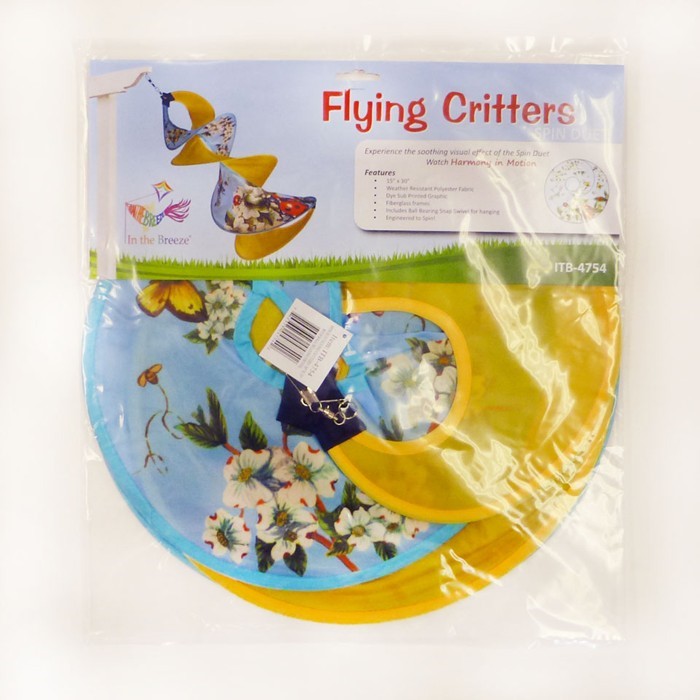 Visual representation of the Flying Critters Spin Duet; a double spinner with beautifully detailed ladybug, dragonfly, and butterfly designs, gracefully spinning outdoors.