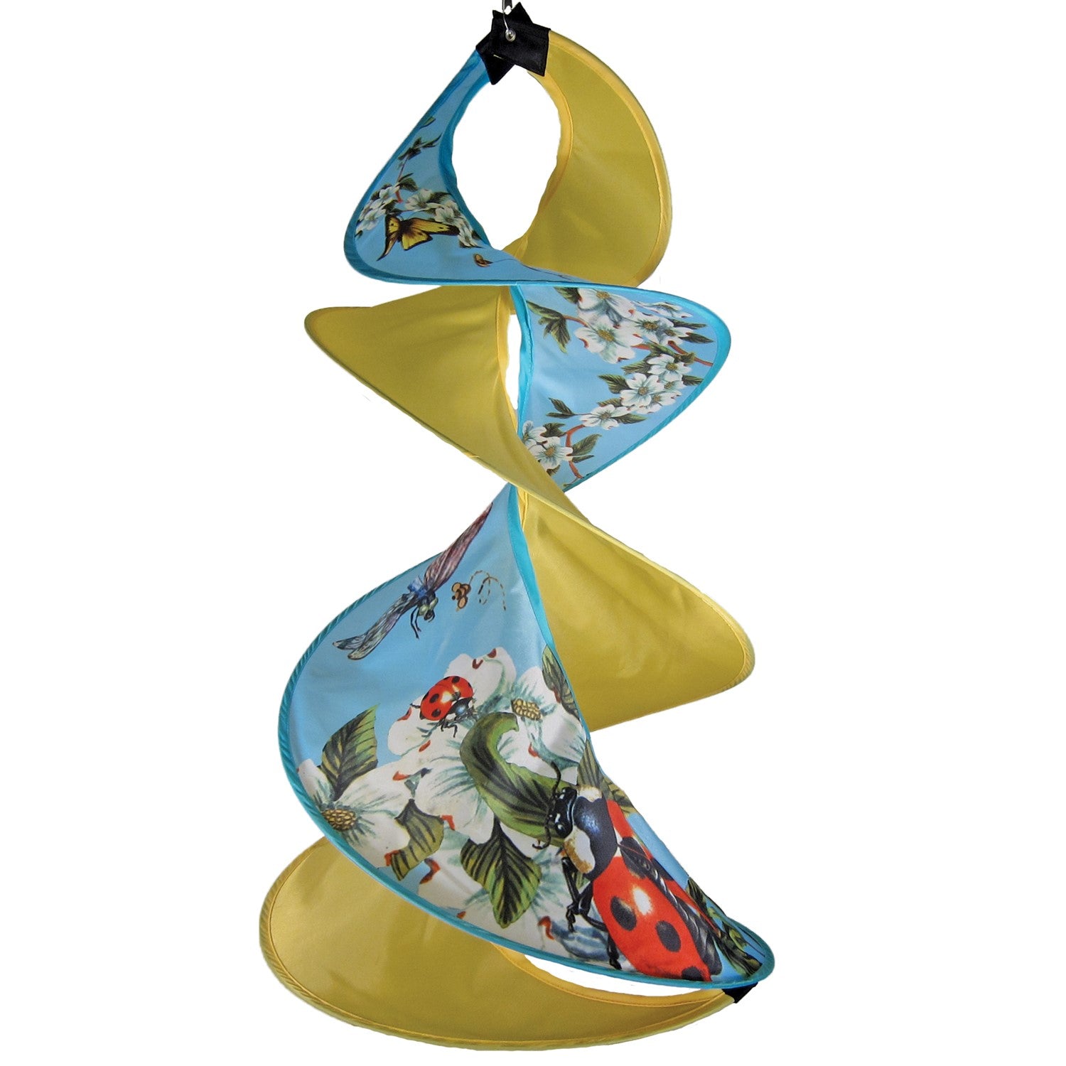 Visual representation of the Flying Critters Spin Duet; a double spinner with beautifully detailed ladybug, dragonfly, and butterfly designs, gracefully spinning outdoors.