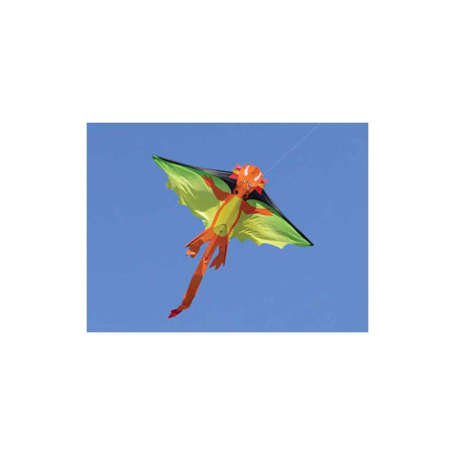 Flying Dragon Kite measuring 70 x 36 inches soaring against a blue sky, showcasing its colorful and fantasy-themed design during flight.