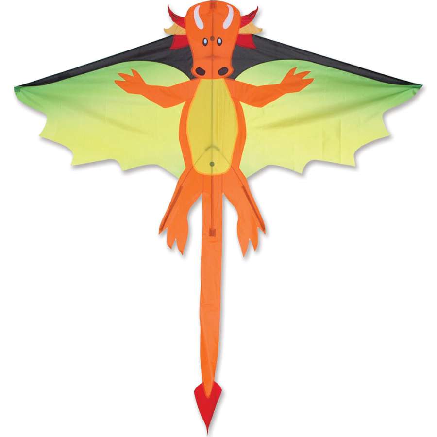Flying Dragon Kite measuring 70 x 36 inches soaring against a blue sky, showcasing its colorful and fantasy-themed design during flight.