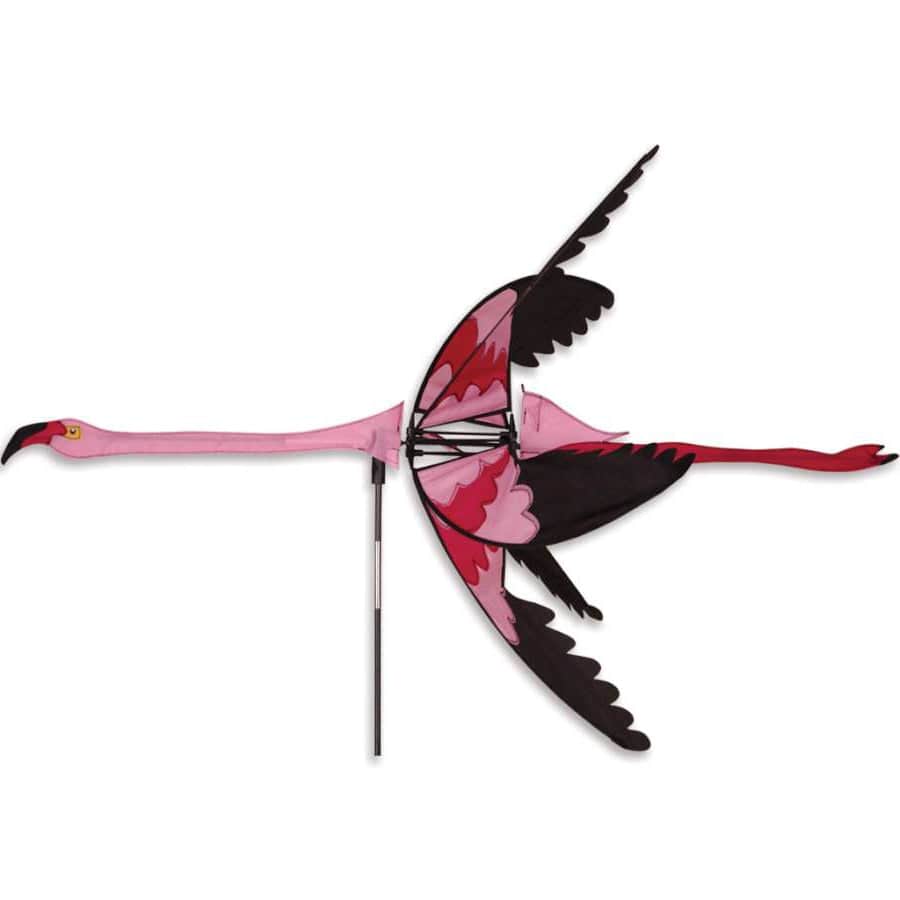 Oversized pink flamingo wind spinner with curved neck and wide wingspan, adds bold motion and tropical fun to beachside or summer garden spaces.
