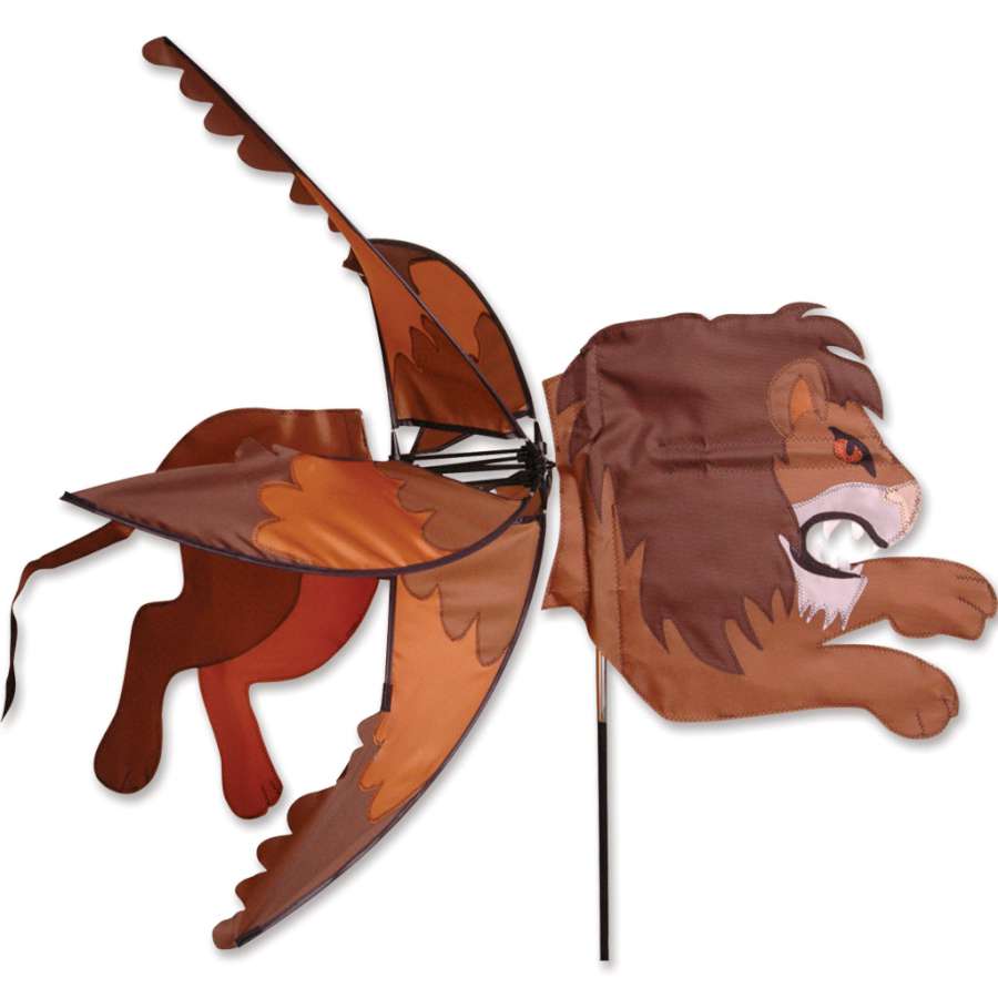 Flying Lion Spinner in vibrant colors, measuring 44x32 inches, dancing in the garden as it spins in the wind, adding charm to outdoor spaces.