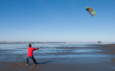 Large traction kite with convertible dual and quad-line control delivers serious pulling power for snow kiting, buggying, and landboarding.