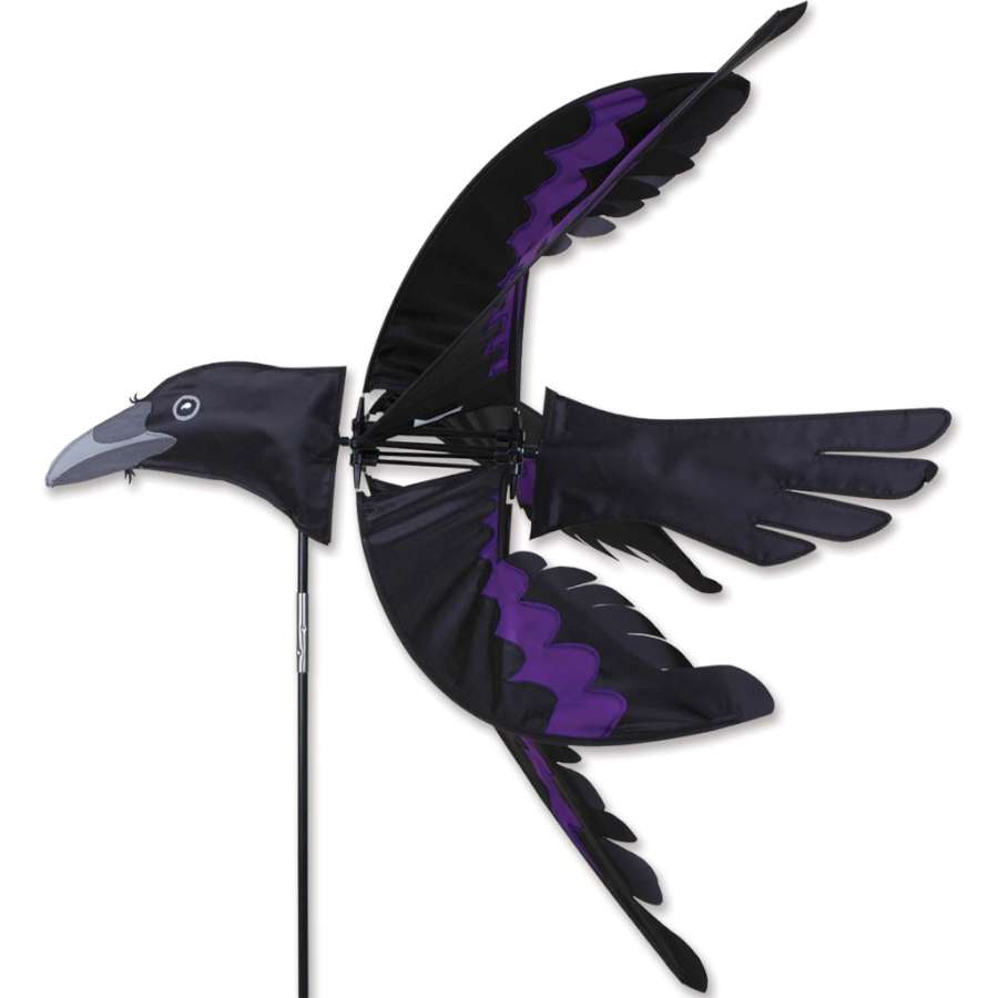 Flying Raven Spinner with two beautifully crafted raven silhouettes spinning gracefully in the wind, enhancing outdoor garden beauty.