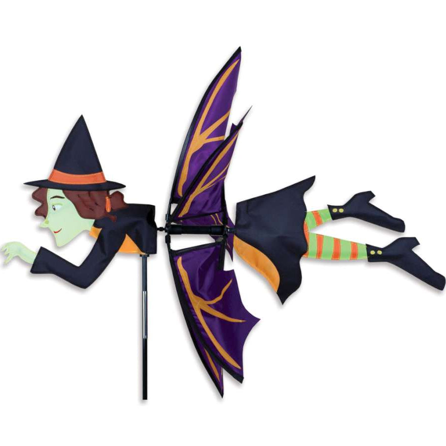 Flying Witch Spinner in vibrant colors, depicting a whimsical witch flying on her broomstick spinning in the garden.