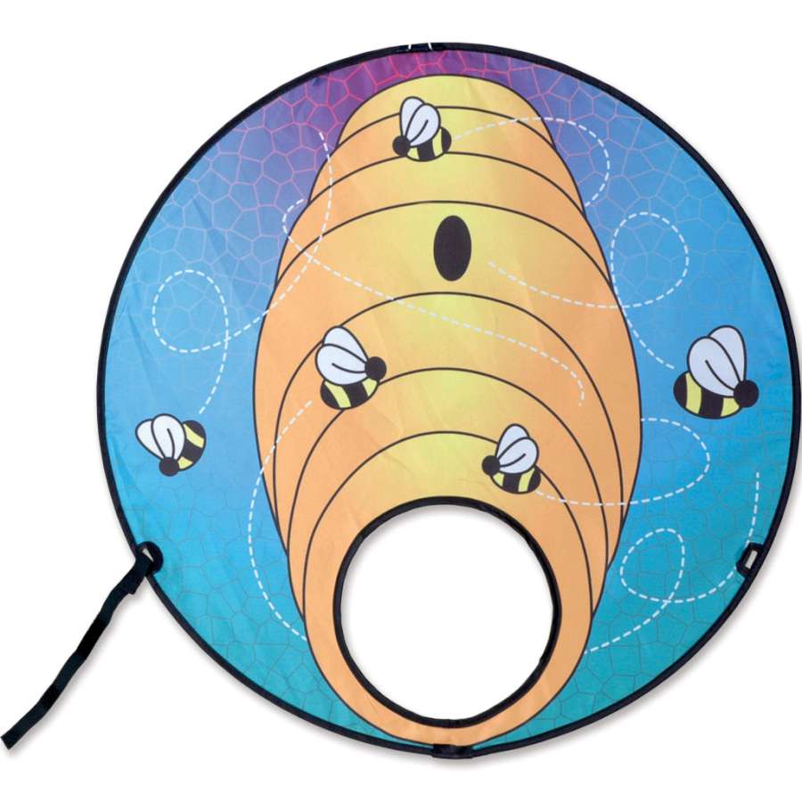 Forehead Flyer - Beehive kite displayed in an outdoor setting, worn as a headpiece by a laughing child enjoying a sunny day.