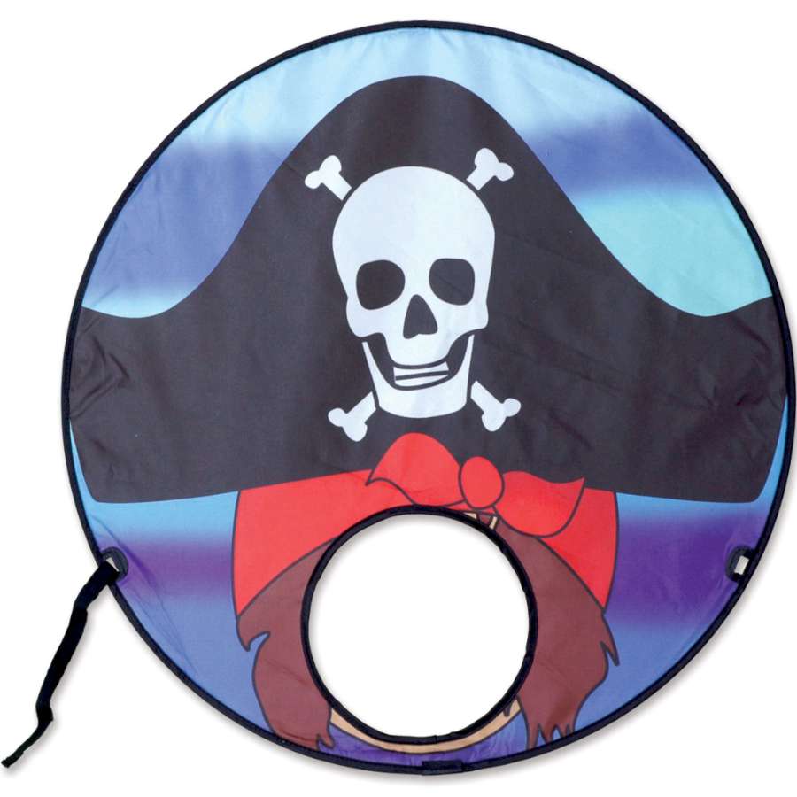 Pirate-themed Forehead Flyer kite in vibrant colors, easily worn as a headdress or used for outdoor fun, fitting in a 10-inch pouch.