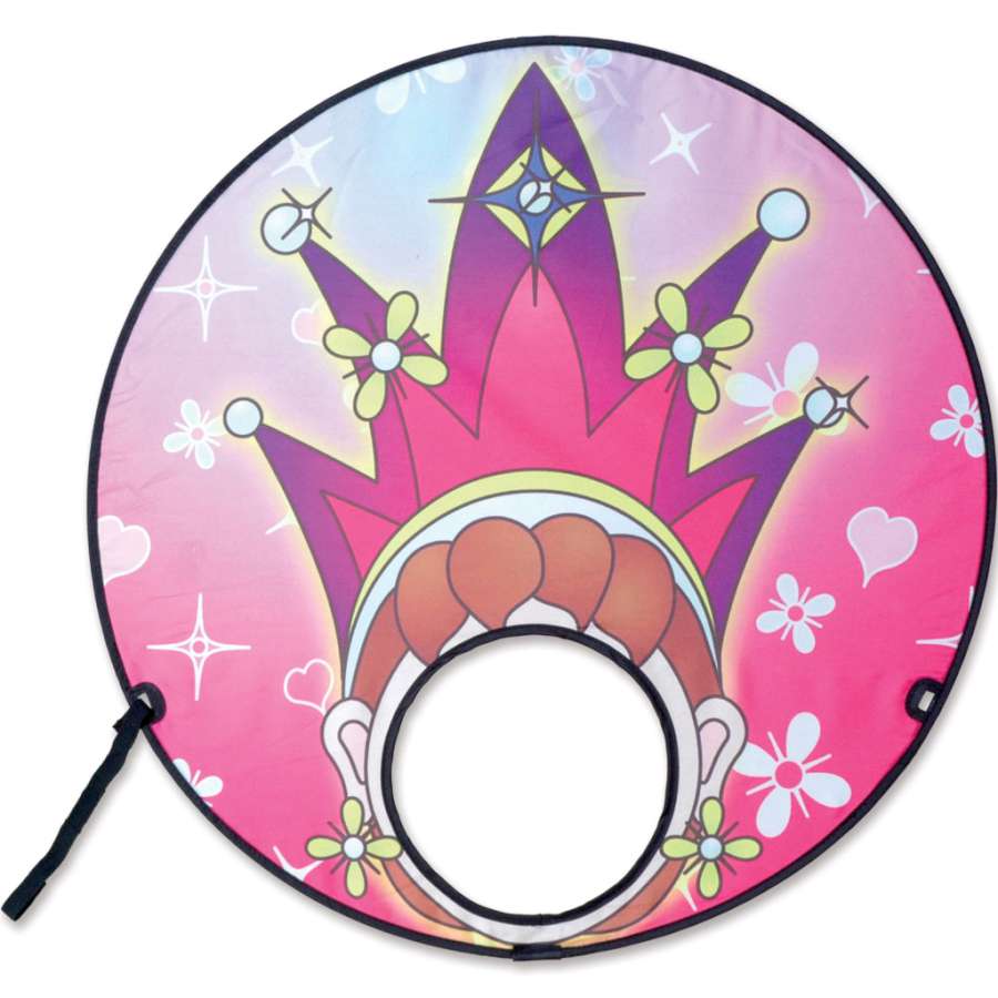 Forehead Flyer - Princess colorful flying toy depicted in use outdoors, showcasing its unique design and portability in a 10-inch pouch.