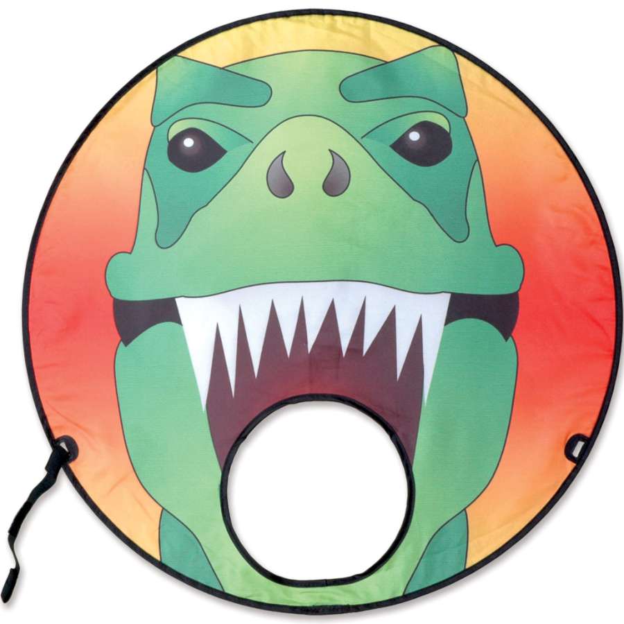 Forehead Flyer - T-Rex kite shown being worn as a headdress while outdoors, showcasing its colorful design and unique fun appeal.
