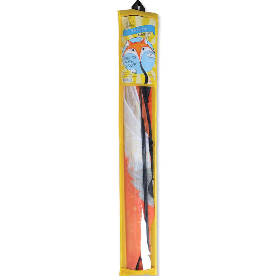 Fox Kite measuring 59 x 46 inches in bright colors soaring against a clear sky, demonstrating its lightweight design and stability in the air.