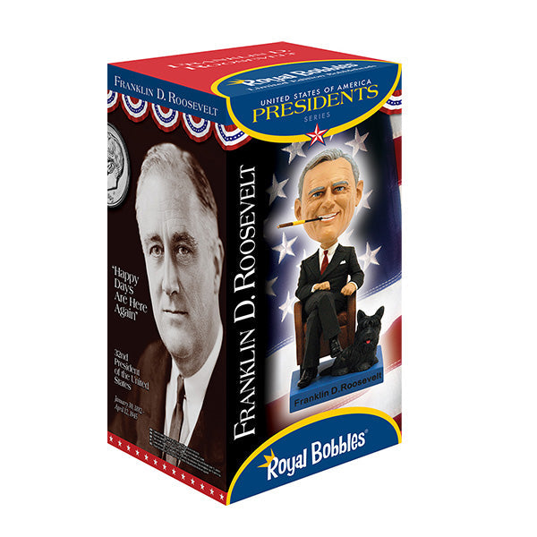 Franklin Delano Roosevelt Bobblehead standing on a shelf, capturing FDR's likeness with a hand-painted finish in a colorful collector's box.