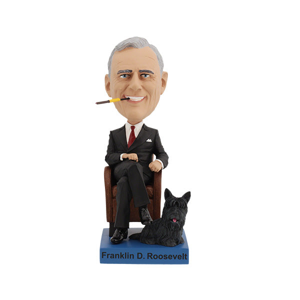 Franklin Delano Roosevelt Bobblehead standing on a shelf, capturing FDR's likeness with a hand-painted finish in a colorful collector's box.