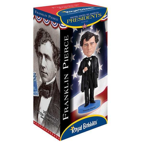 Franklin Pierce Bobblehead, intricately designed with detailed facial features and attire, standing at 8 inches tall to commemorate the 14th President.