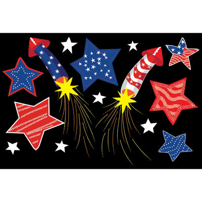 Freedom Fireworks windsock featuring colorful embroidered fireworks pattern, displayed hanging outdoors in a garden setting.