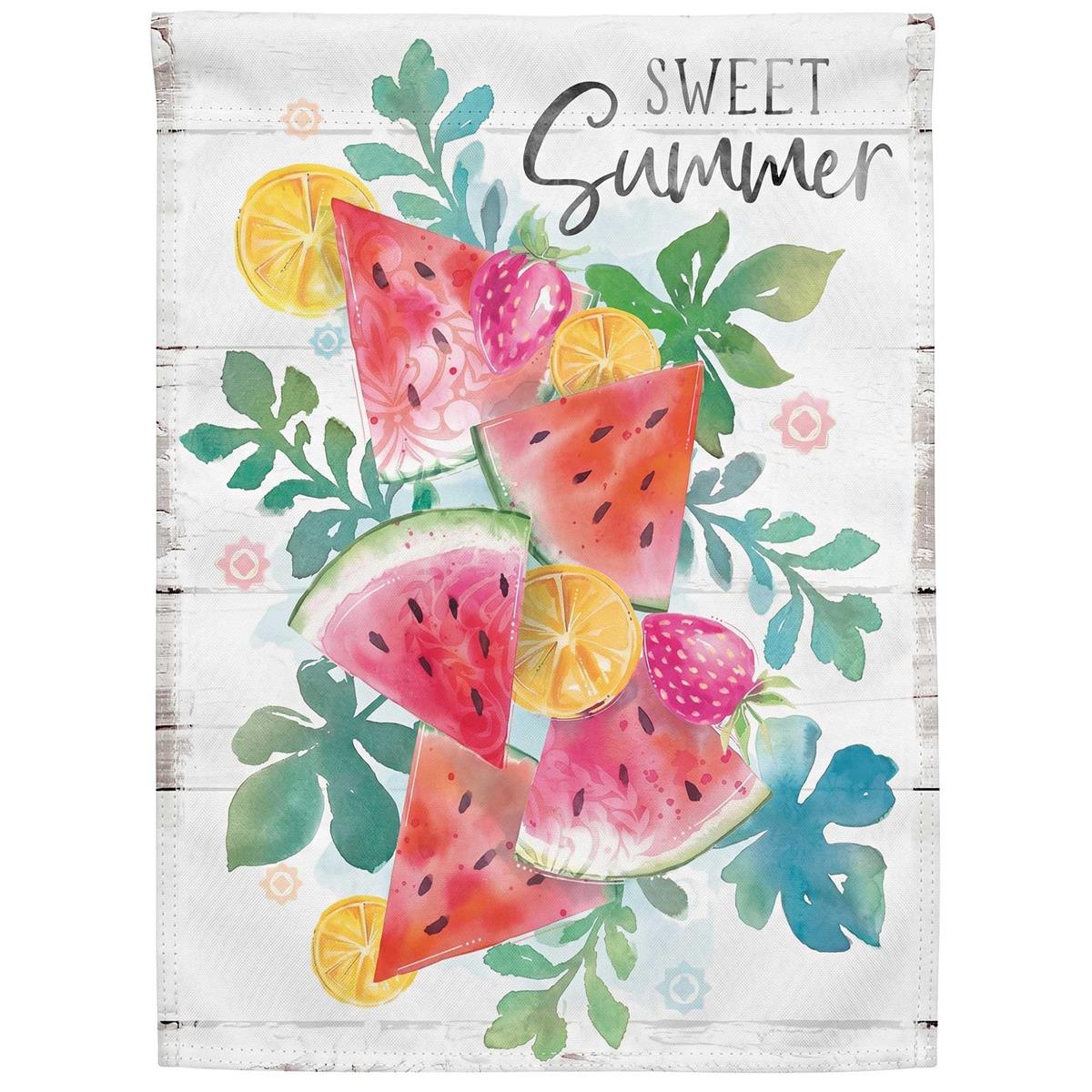 Fruit Sweet Summer garden flag measuring 13x18 inches, featuring a colorful summer design, displayed in a garden setting under sunlight.