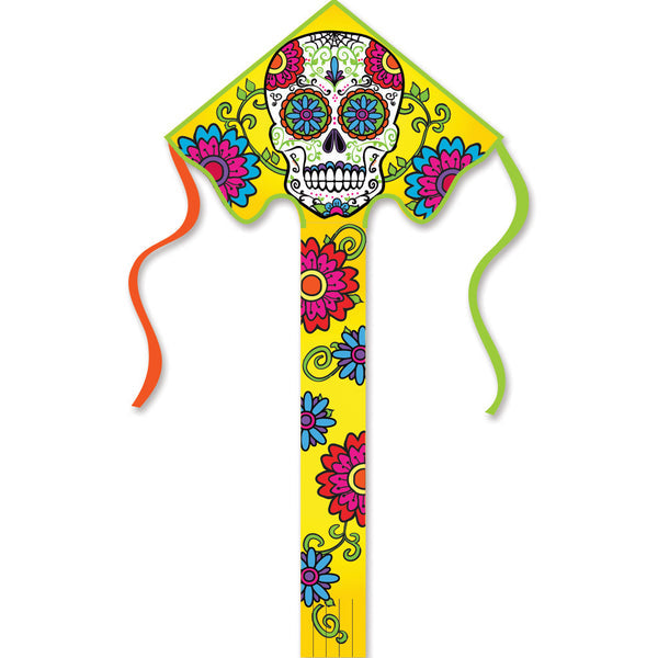 Large Easy Flyer Kite - Sugar Skull Day of the Dead with vibrant design, perfect for stable flying in winds from 5 to 18 mph.