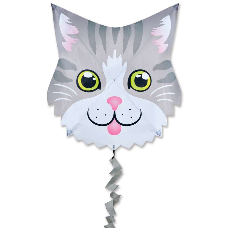 Fun Flyer Kite with Gray Cat design, measuring 25 x 25 inches, flying high with a 7-foot fuzzy tail against a clear blue sky.