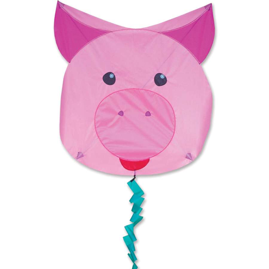 Fun Flyer Kite featuring a playful pig design with a colorful tail soaring against a clear blue sky on a bright day.