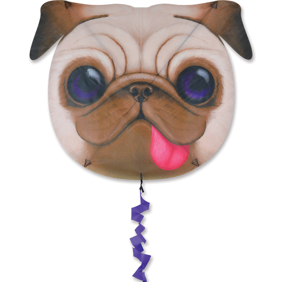 Fun Flyer Kite - Pug in colorful ripstop polyester soaring high against a blue sky, showcasing its adorable pug design and long tail.