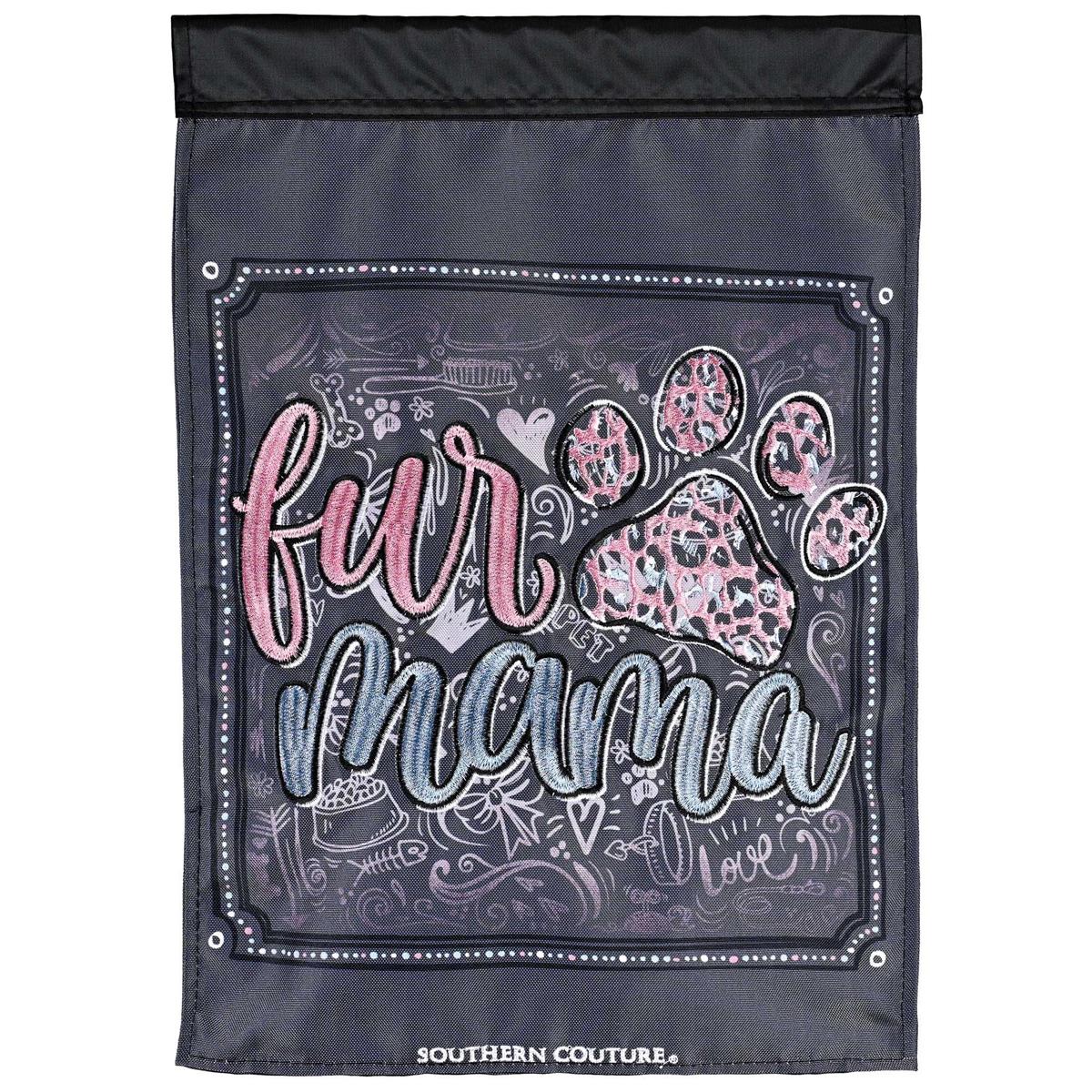 Fur Mama garden flag featuring detailed fabric appliques and embroidery, displayed outdoors on a vibrant garden pole in a front yard.