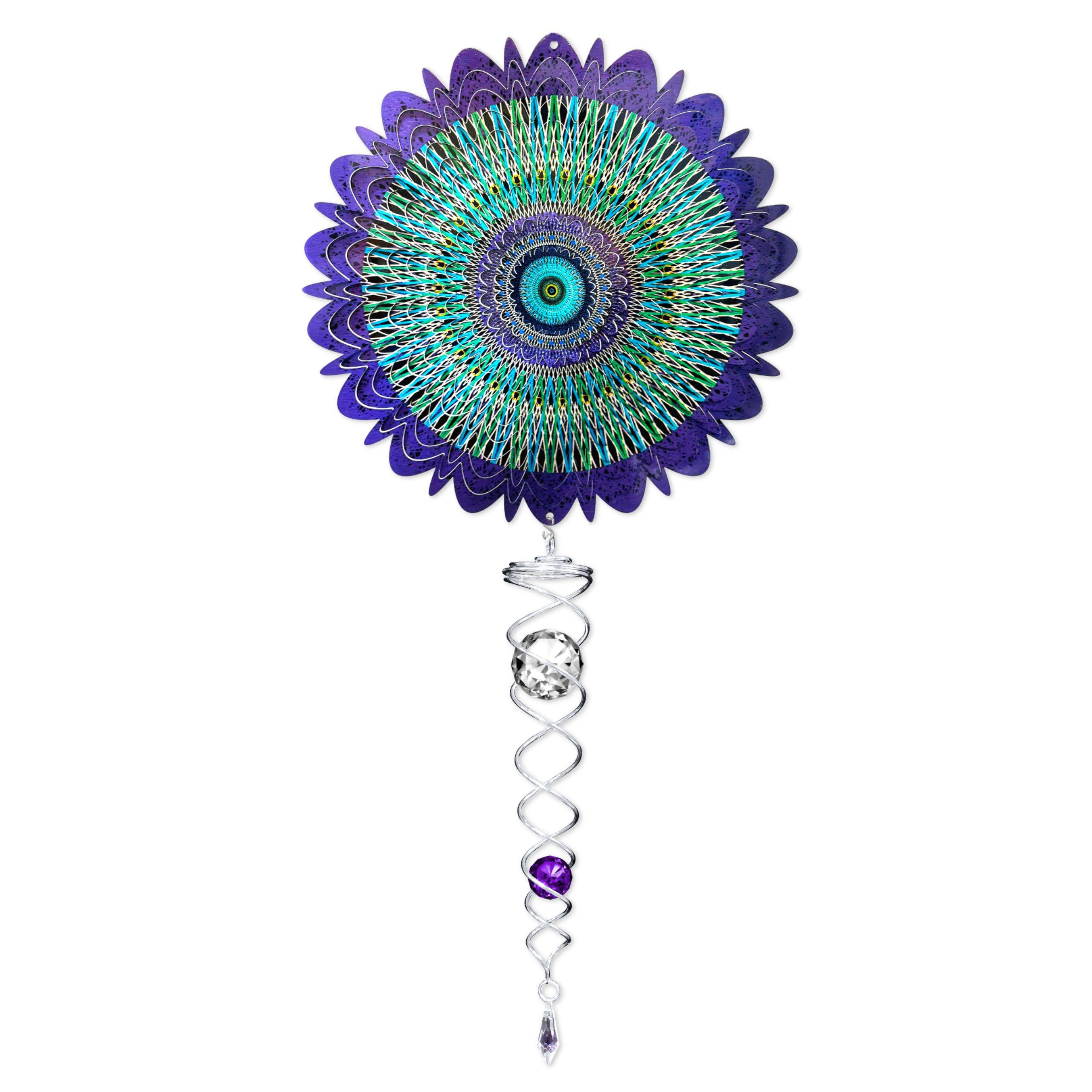 Galactic Mandala wind spinner set displaying an intricately designed 6.5-inch spinner alongside a 7.5-inch crystal twister in motion outdoors.