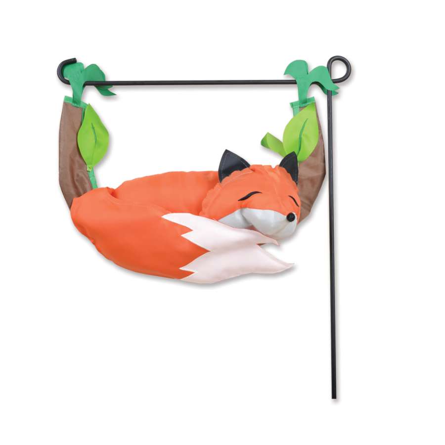 Garden Charm - Fox attached to a garden flag pole, showcasing its vibrant colors and intricate design in an outdoor garden setting.
