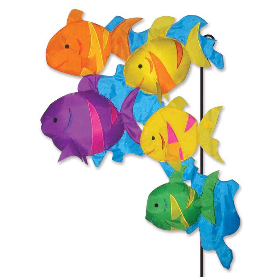 Garden Charm - School of Fish inflatable decoration features vibrant colors and charming fish design, showcased on a garden flag pole outdoors.